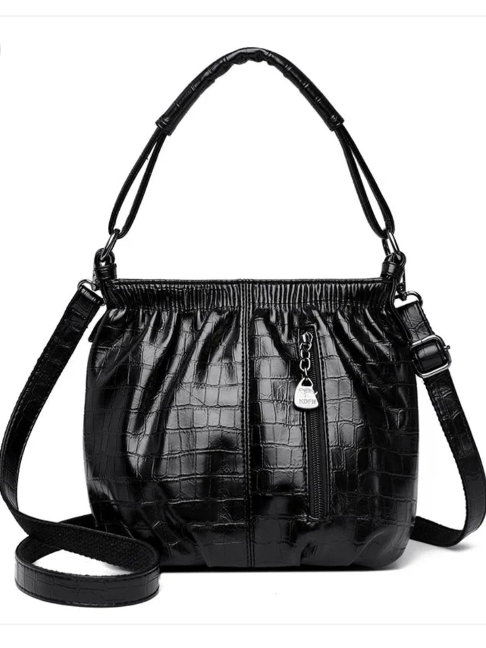 NWT Super Soft Black Croc-Embossed Shoulder Bag with Zip Front